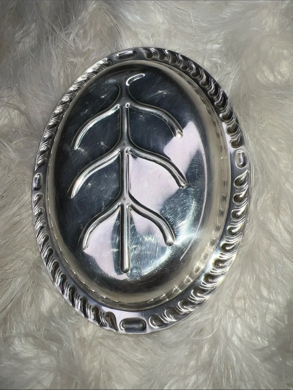 Vintage Antique Silver Plated Oval Decorative Tray with Leaf Motif Jewelry Tray